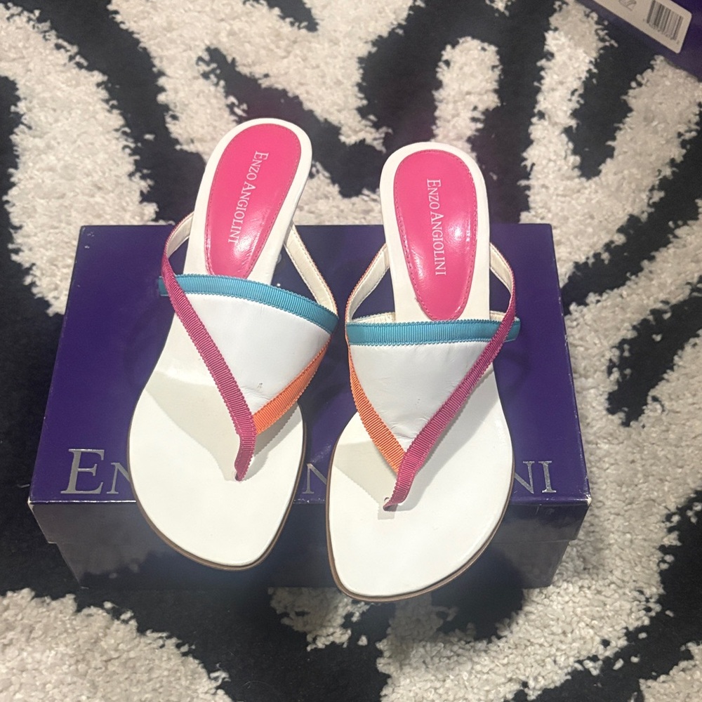 Enzo Angiolini White and Multicolor Strap Sandals